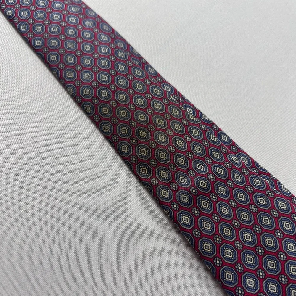 Christian Dior Necktie Men Red Blue Geometric Medallion 100% Silk Italian Fabric